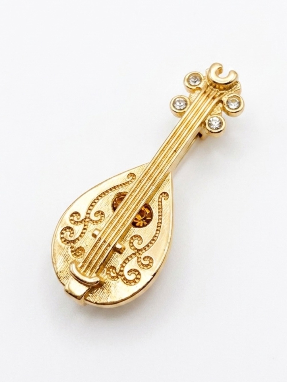 Avon Gold-Tone Mandolin Pin – Musical Instrument Brooch with Rhinestones Vintage